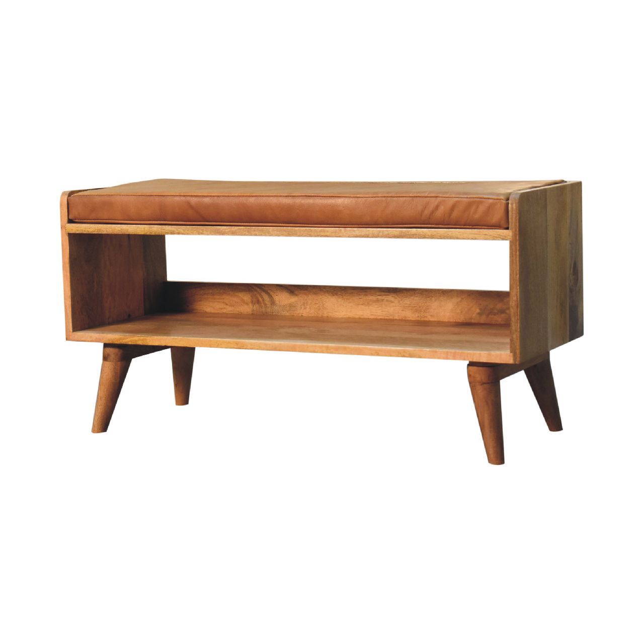 Oak-Style Bench with Tan Leather Padded Seat