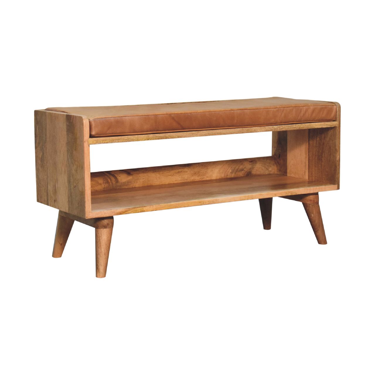 Oak-Style Bench with Tan Leather Padded Seat
