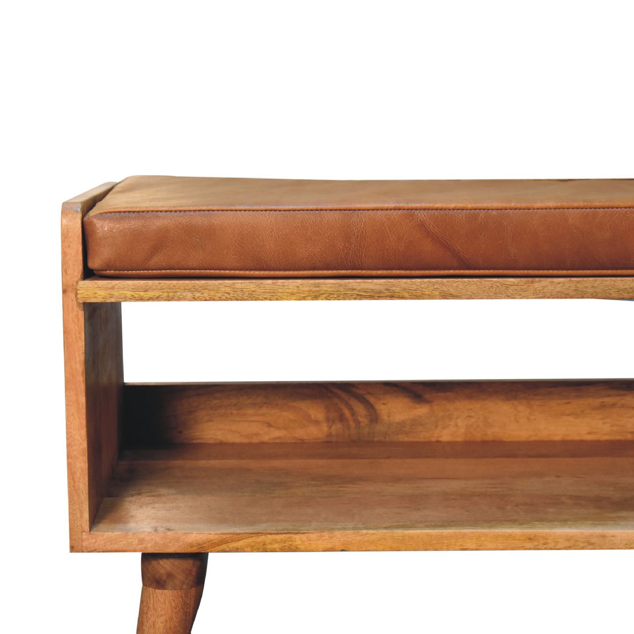 Oak-Style Bench with Tan Leather Padded Seat