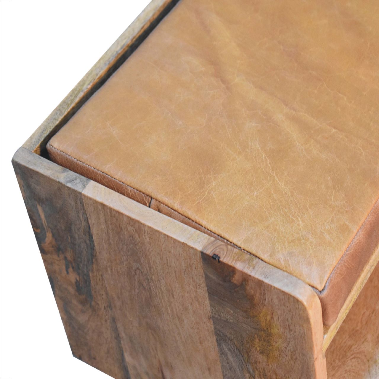 Oak-Style Bench with Tan Leather Padded Seat