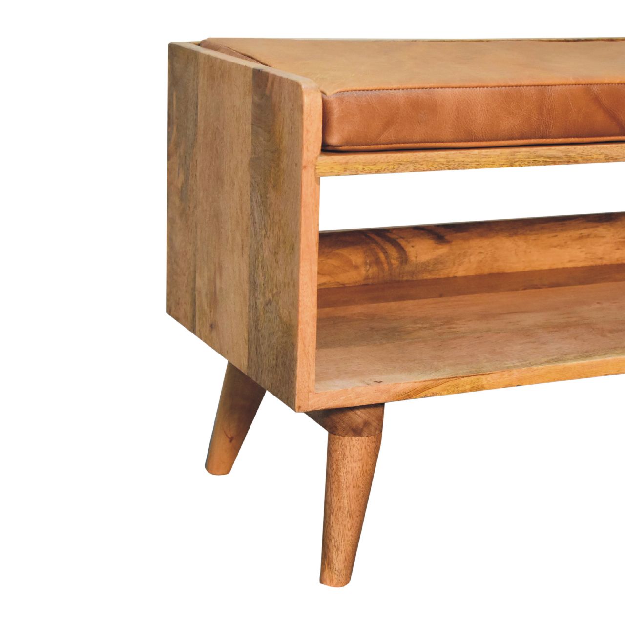 Oak-Style Bench with Tan Leather Padded Seat