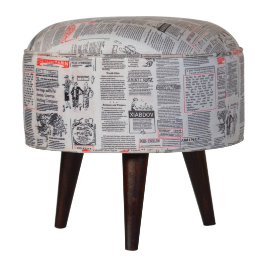 IN1018 - Round Footstool with News Print Velvet