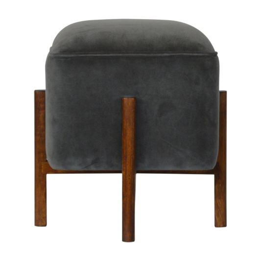 Solid Wood Grey Velvet Footstool
