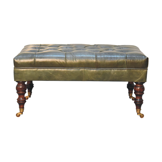Buffalo Green Leather Ottoman with Castor Legs