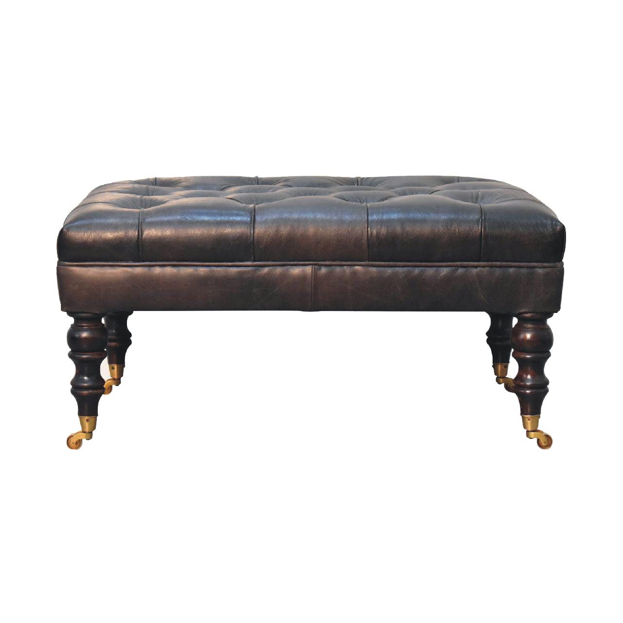 Buffalo Ash Black Leather Ottoman with Castor Legs