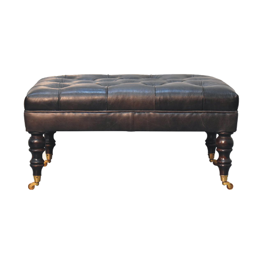 Buffalo Ash Black Leather Ottoman with Castor Legs