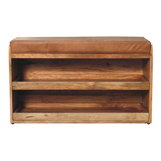 Buffalo Hide Pull out Oak-ish Shoe Storage Bench