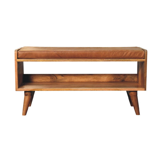 Oak-Style Bench with Tan Leather Padded Seat