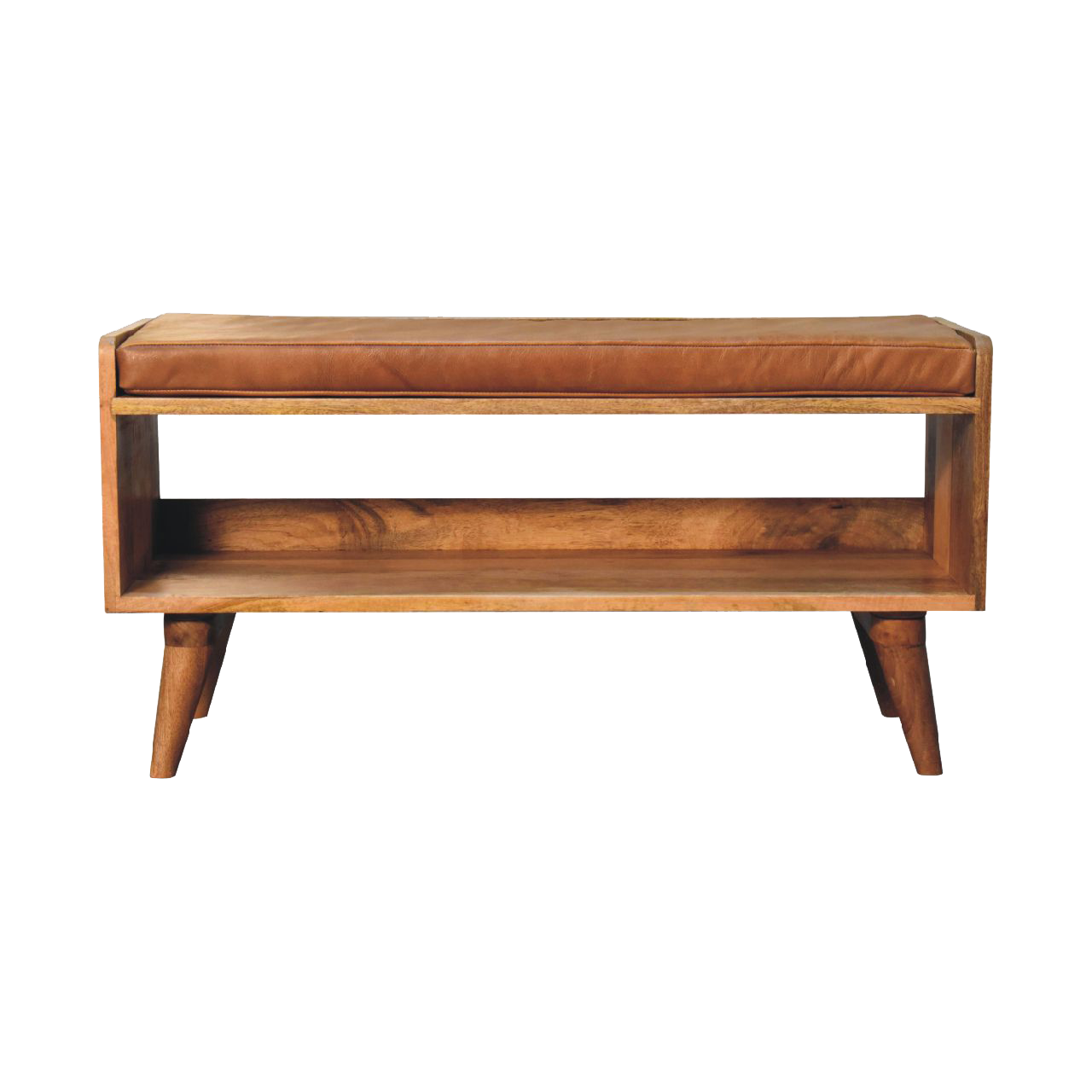 Oak-Style Bench with Tan Leather Padded Seat
