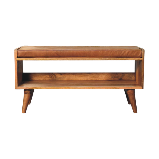 Oak-Style Bench with Tan Leather Padded Seat