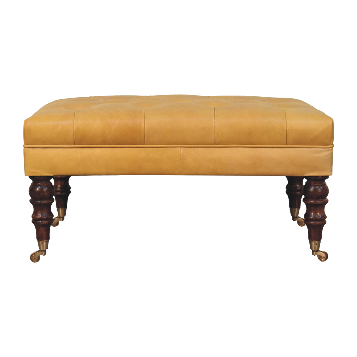 Honey Caramel Buffalo Ash Black Leather Ottoman with Castor Legs