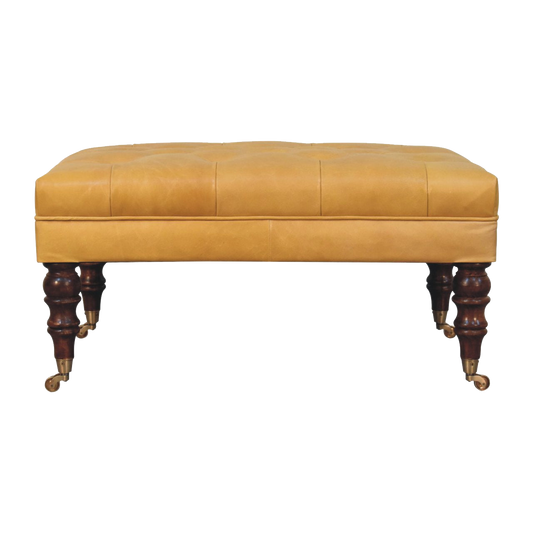 Honey Caramel Buffalo Ash Black Leather Ottoman with Castor Legs