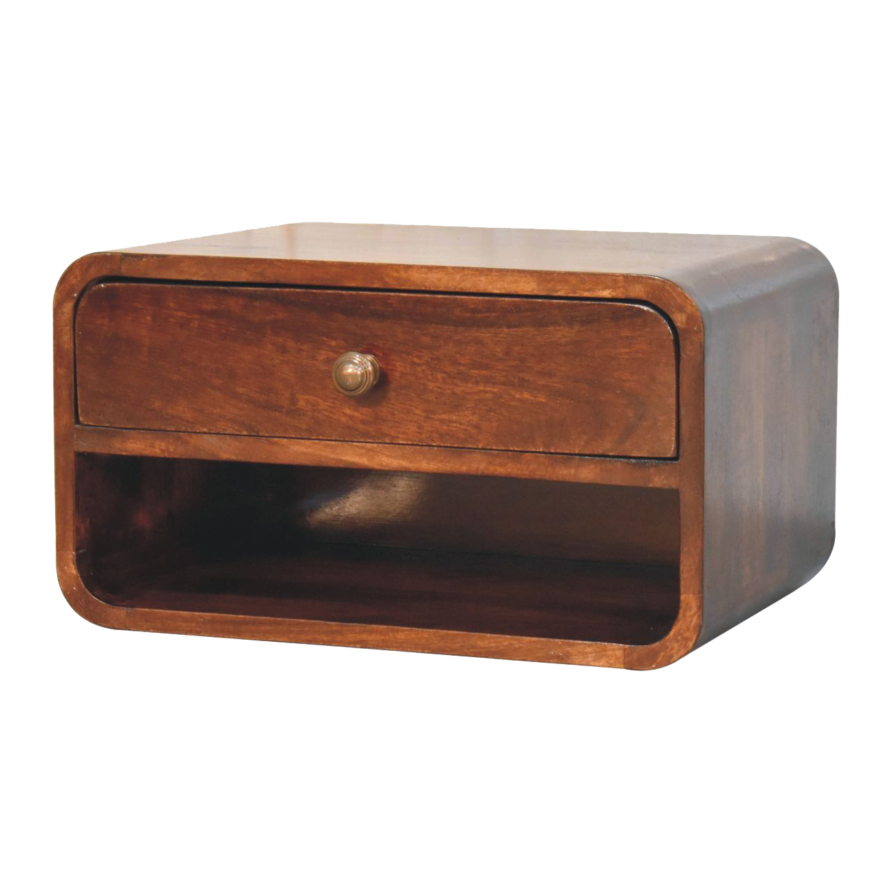 Curved California Walnut Wall Mounted Bedside with Open Slot