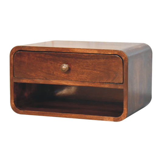 Curved California Walnut Wall Mounted Bedside with Open Slot