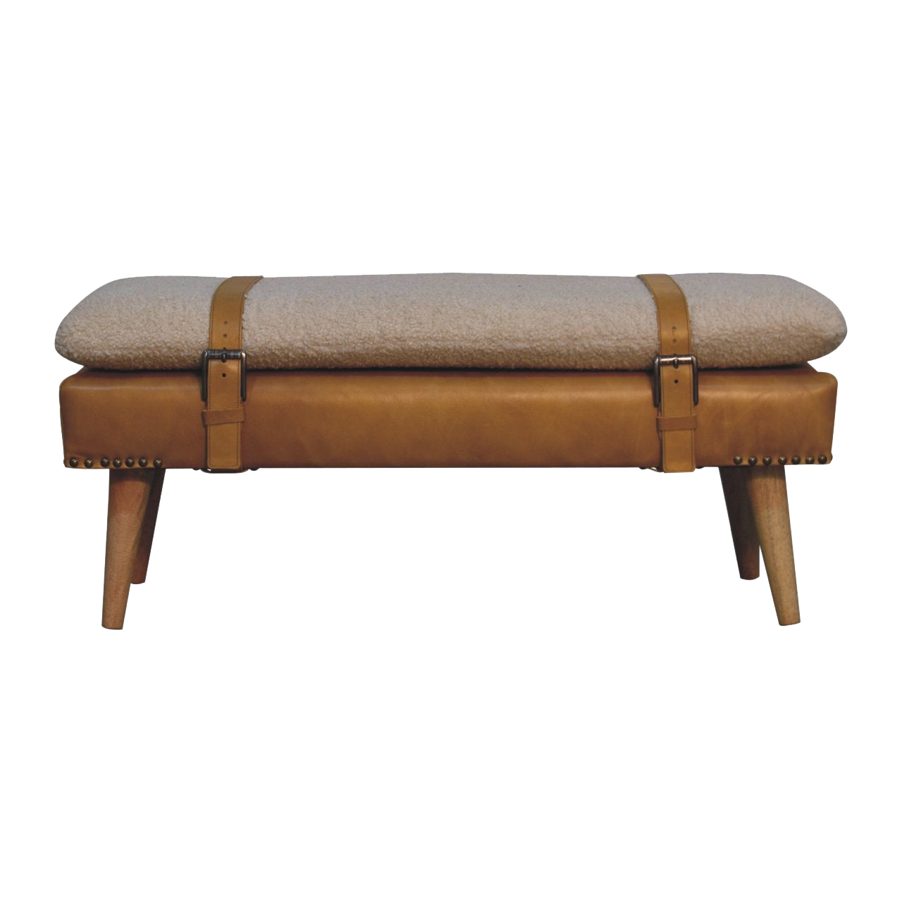 Bouclé Buffalo Hide Tan Leather Bench