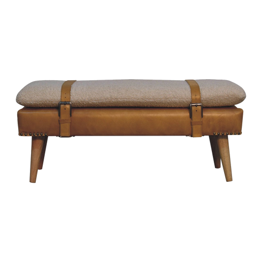 Bouclé Buffalo Hide Tan Leather Bench