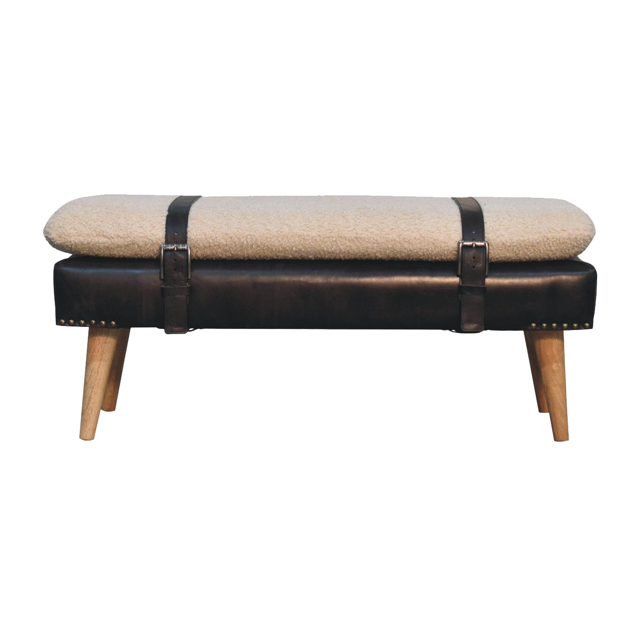 Bouclé Buffalo Hide Black Leather Bench