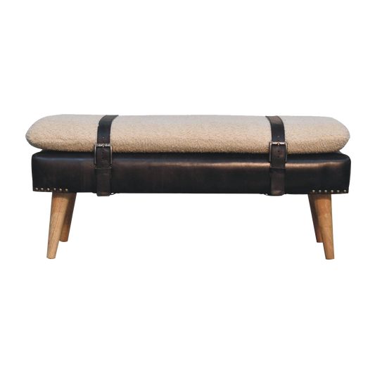 Bouclé Buffalo Hide Black Leather Bench