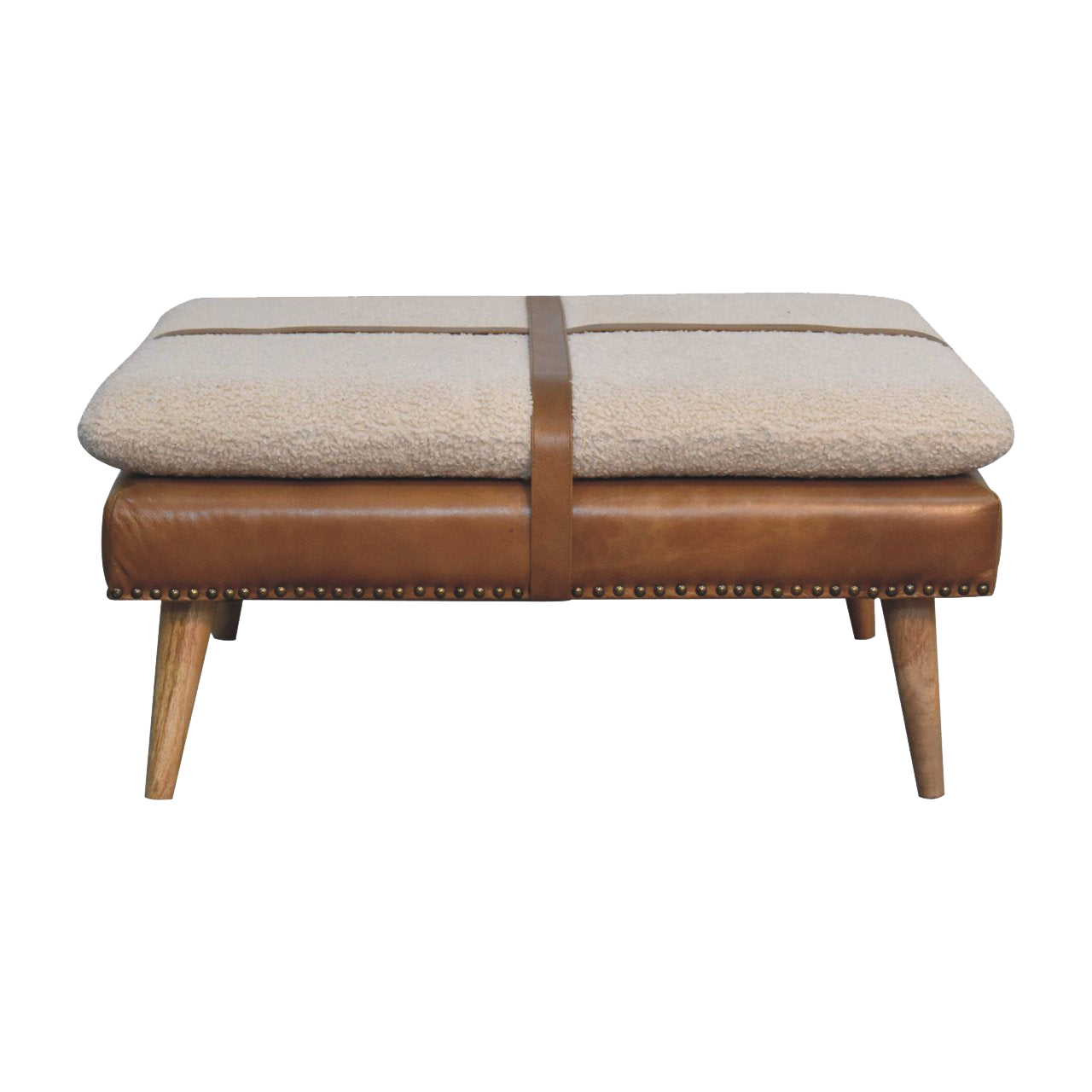 Large Square Bouclé Buffalo Hide Brown Leather Footstool