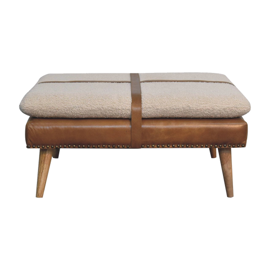 Large Square Bouclé Buffalo Hide Brown Leather Footstool