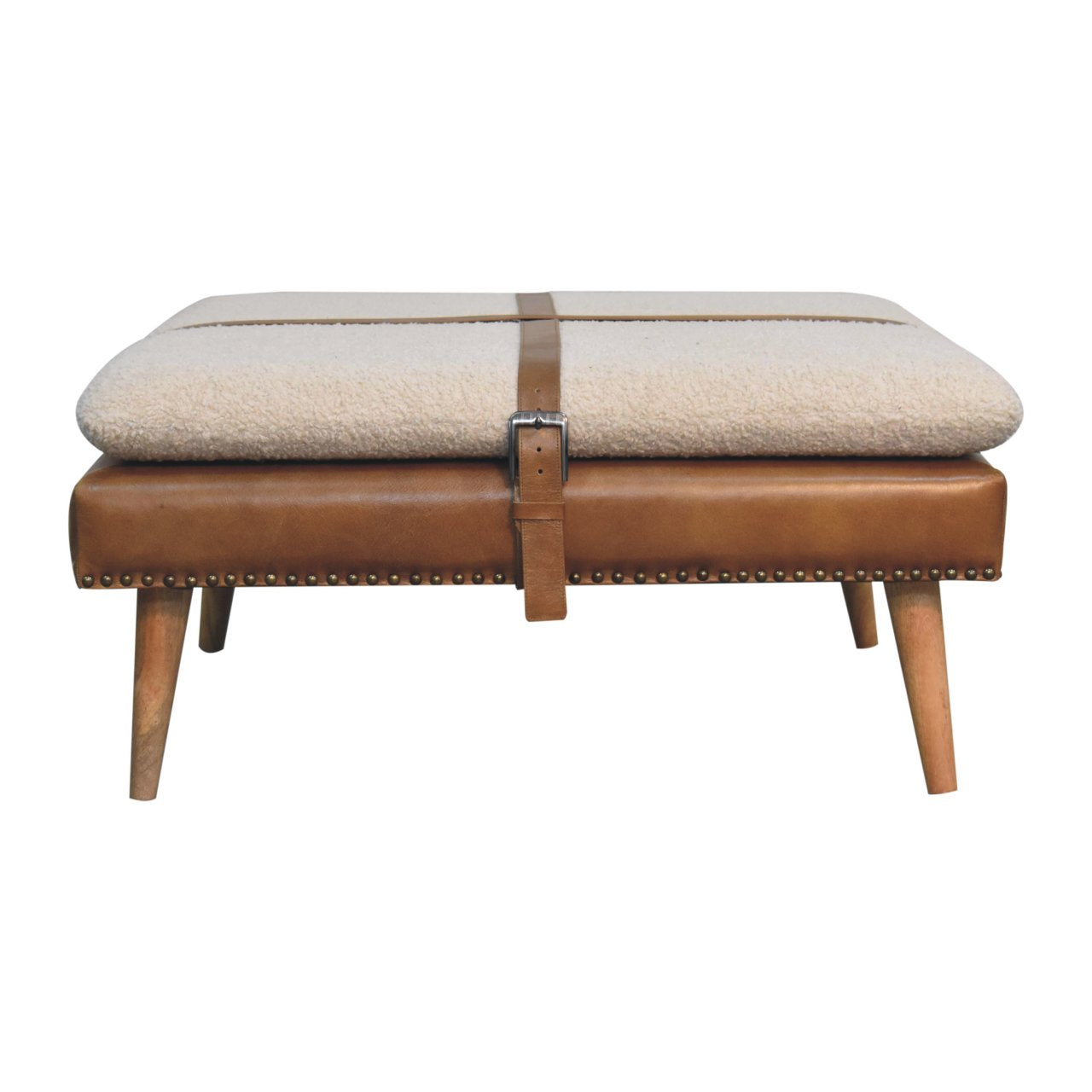Large Square Bouclé Buffalo Hide Brown Leather Footstool