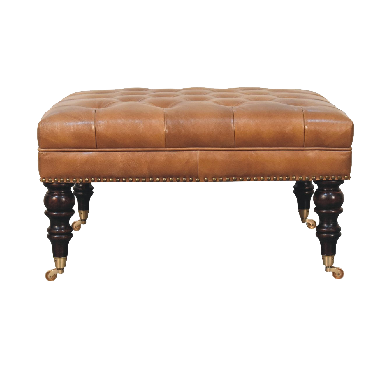 Studded Buffalo Tan Leather Ottoman with Castor Legs