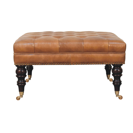 Studded Buffalo Tan Leather Ottoman with Castor Legs