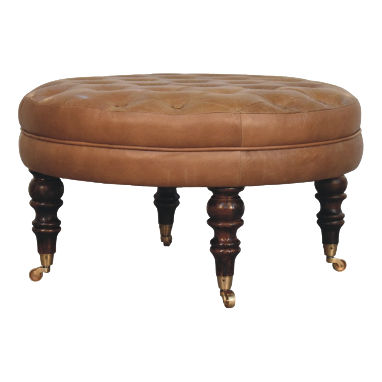 Brown Buffalo Leather Round Ottoman with Castor Legs