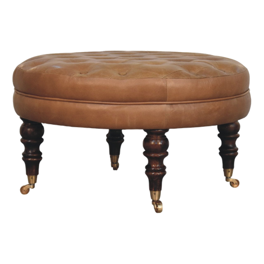 Brown Buffalo Leather Round Ottoman with Castor Legs